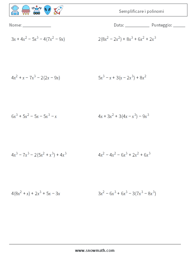 Semplificare i polinomi Fogli di lavoro di matematica 3