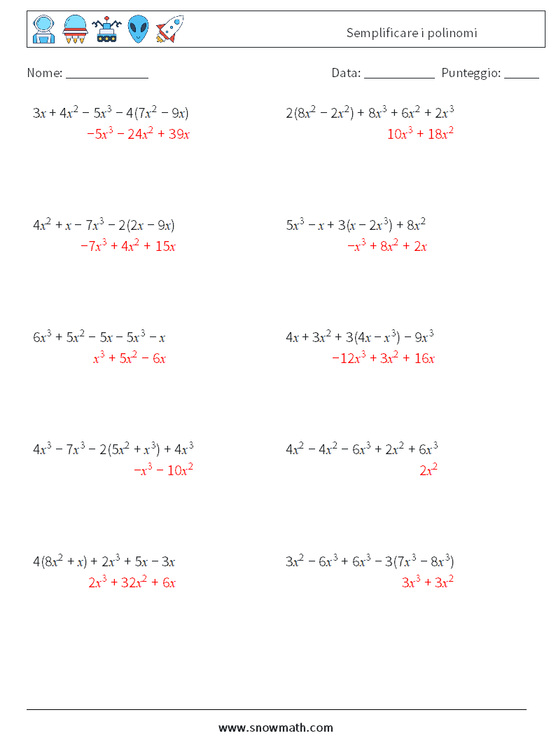 Semplificare i polinomi Fogli di lavoro di matematica 3 Domanda, Risposta