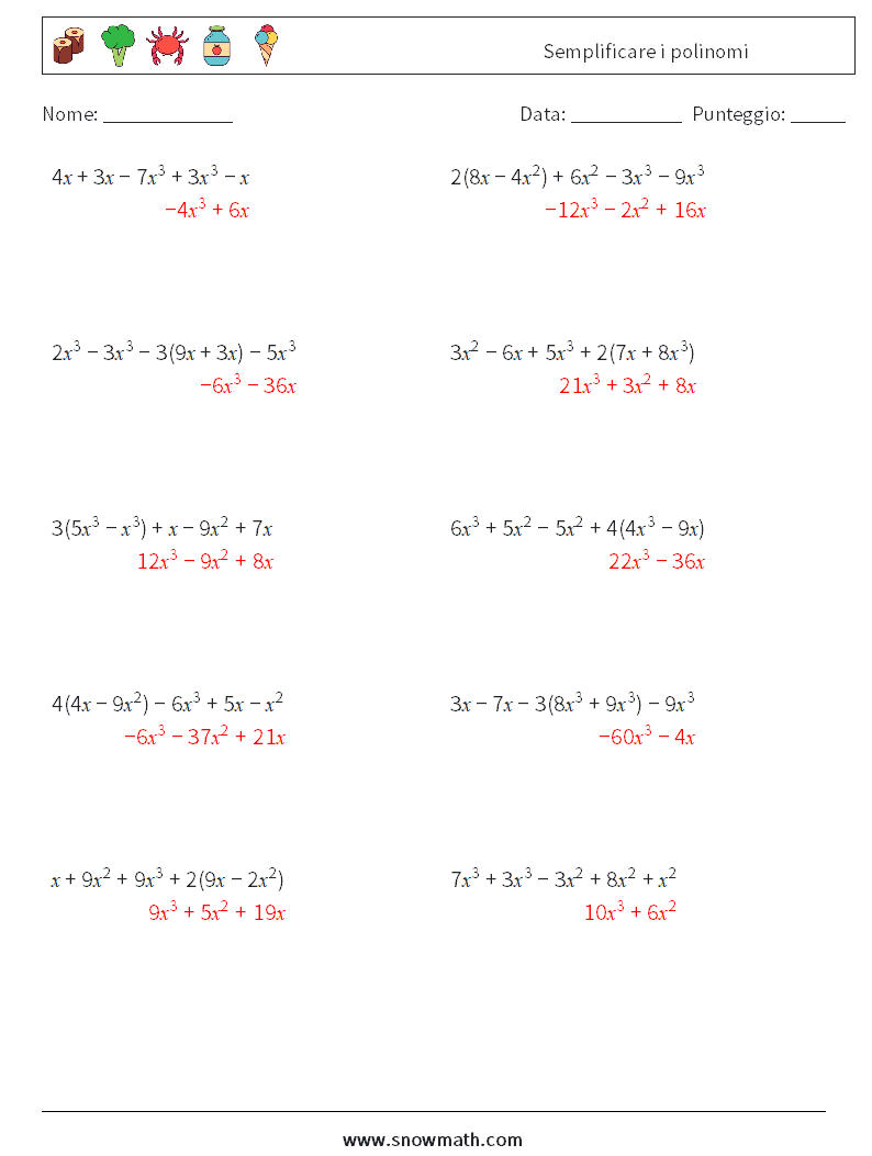 Semplificare i polinomi Fogli di lavoro di matematica 4 Domanda, Risposta