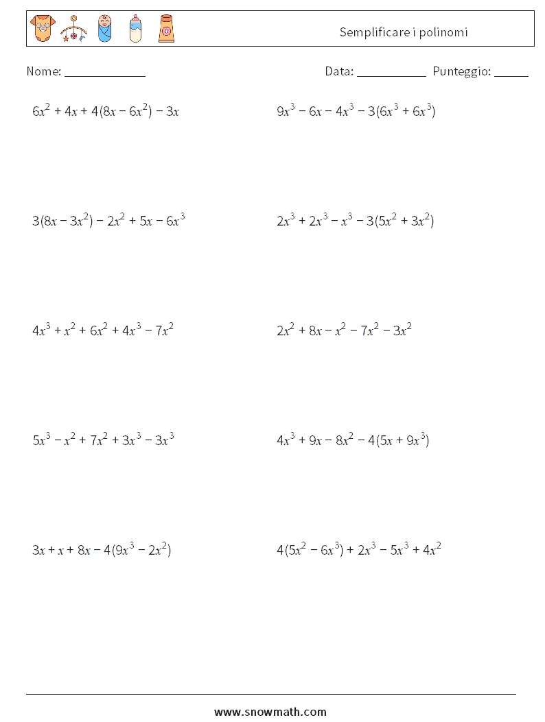 Semplificare i polinomi Fogli di lavoro di matematica 5