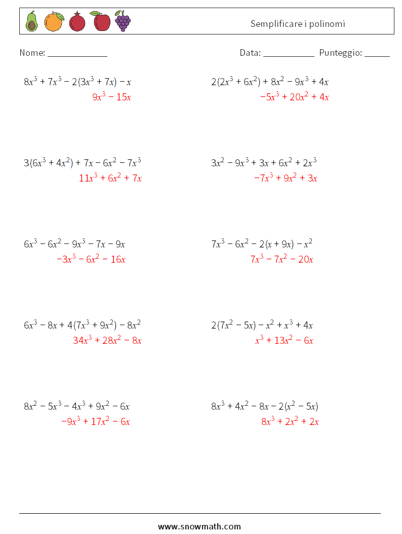 Semplificare i polinomi Fogli di lavoro di matematica 6 Domanda, Risposta
