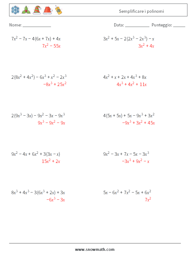 Semplificare i polinomi Fogli di lavoro di matematica 7 Domanda, Risposta