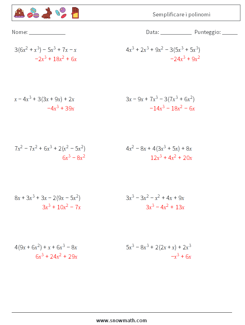 Semplificare i polinomi Fogli di lavoro di matematica 8 Domanda, Risposta