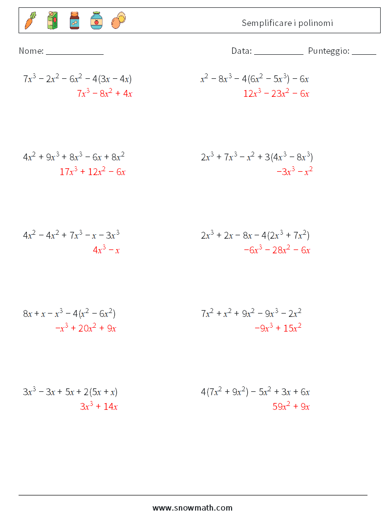 Semplificare i polinomi Fogli di lavoro di matematica 9 Domanda, Risposta