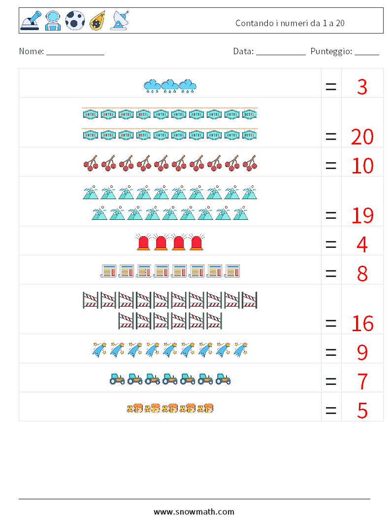 Contando i numeri da 1 a 20 Fogli di lavoro di matematica 10 Domanda, Risposta