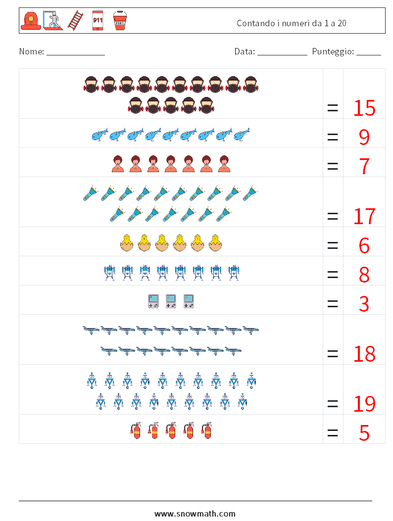 Contando i numeri da 1 a 20 Fogli di lavoro di matematica 18 Domanda, Risposta