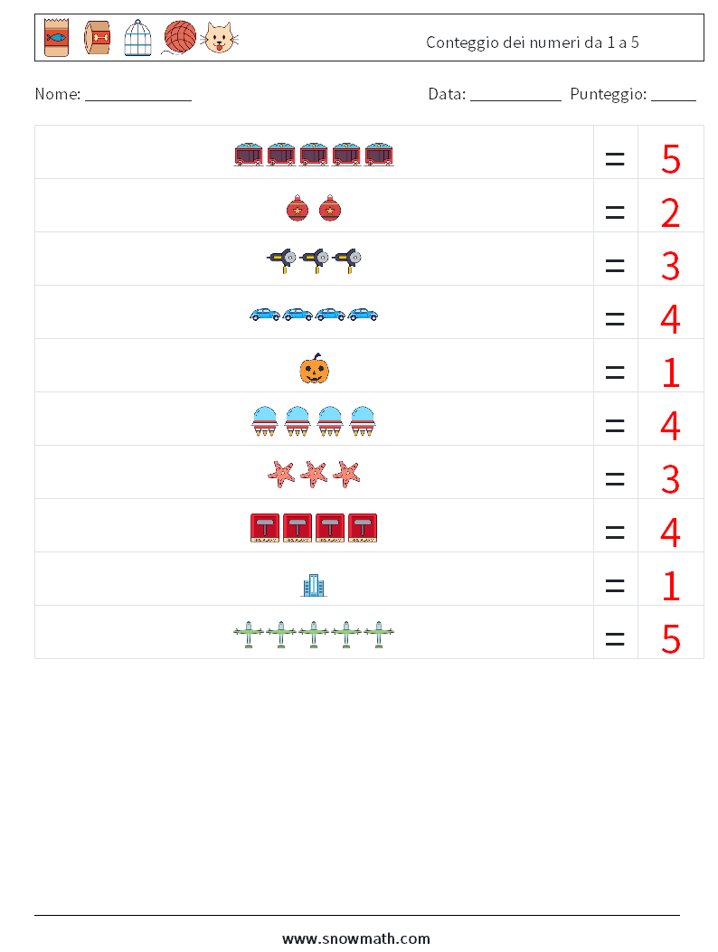 Conteggio dei numeri da 1 a 5 Fogli di lavoro di matematica 17 Domanda, Risposta