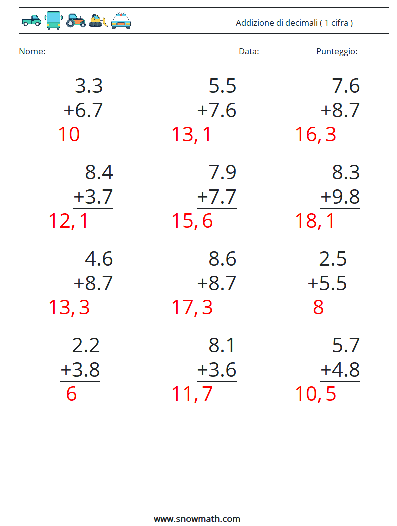 (12) Addizione di decimali ( 1 cifra ) Fogli di lavoro di matematica 10 Domanda, Risposta