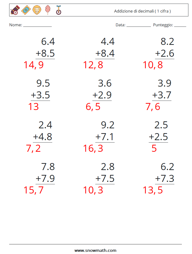 (12) Addizione di decimali ( 1 cifra ) Fogli di lavoro di matematica 11 Domanda, Risposta
