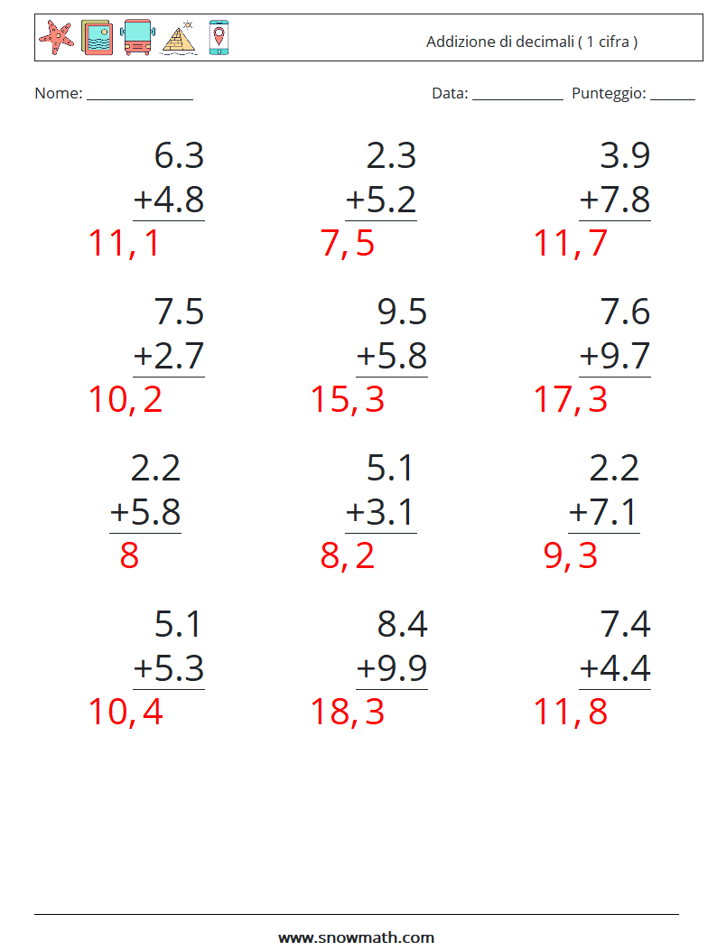 (12) Addizione di decimali ( 1 cifra ) Fogli di lavoro di matematica 12 Domanda, Risposta