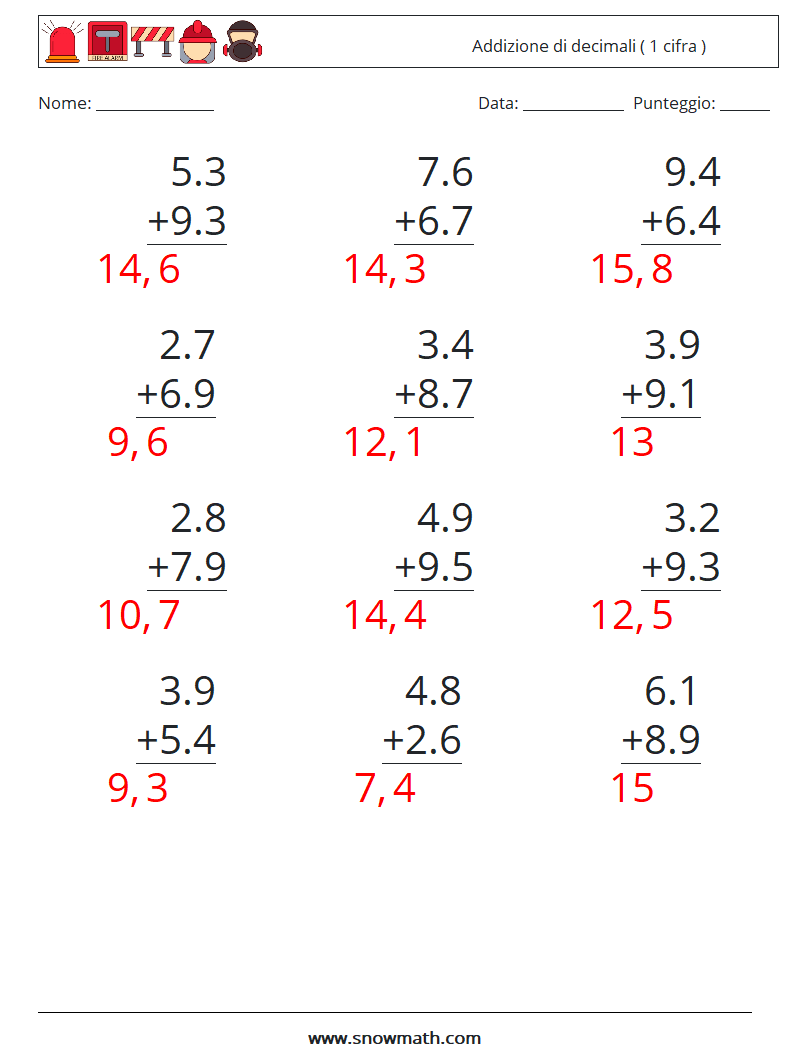 (12) Addizione di decimali ( 1 cifra ) Fogli di lavoro di matematica 13 Domanda, Risposta