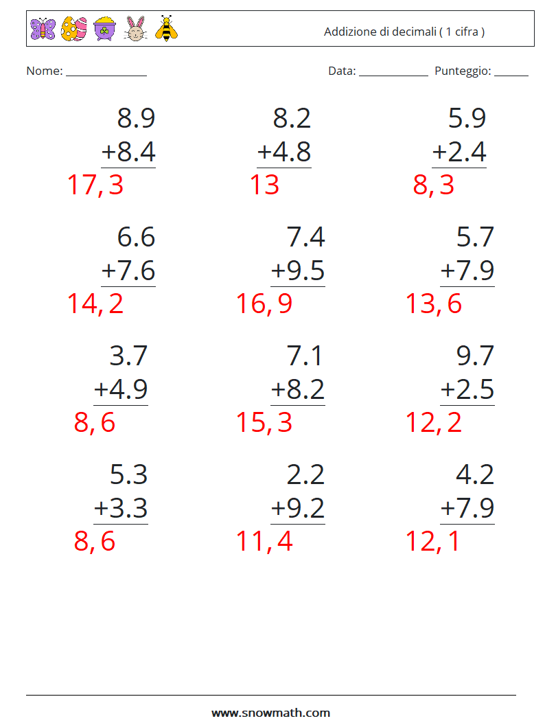 (12) Addizione di decimali ( 1 cifra ) Fogli di lavoro di matematica 16 Domanda, Risposta