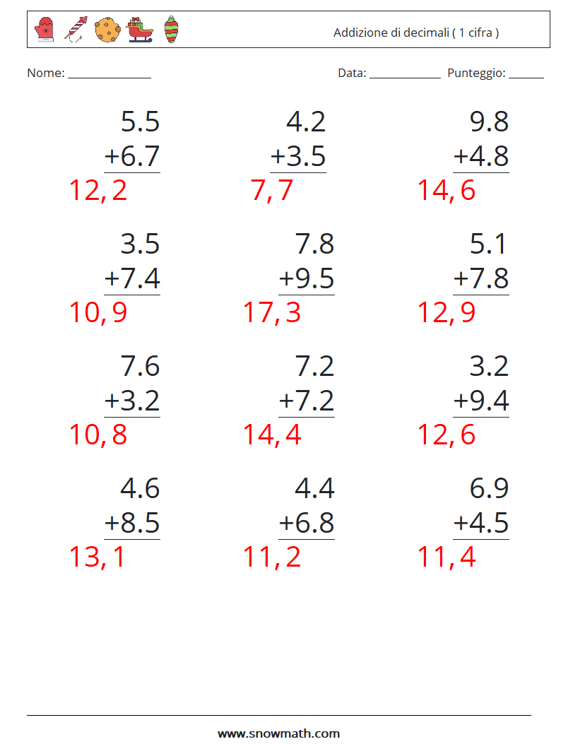 (12) Addizione di decimali ( 1 cifra ) Fogli di lavoro di matematica 17 Domanda, Risposta