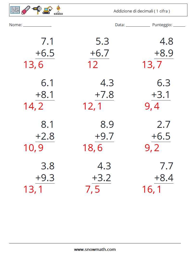 (12) Addizione di decimali ( 1 cifra ) Fogli di lavoro di matematica 18 Domanda, Risposta