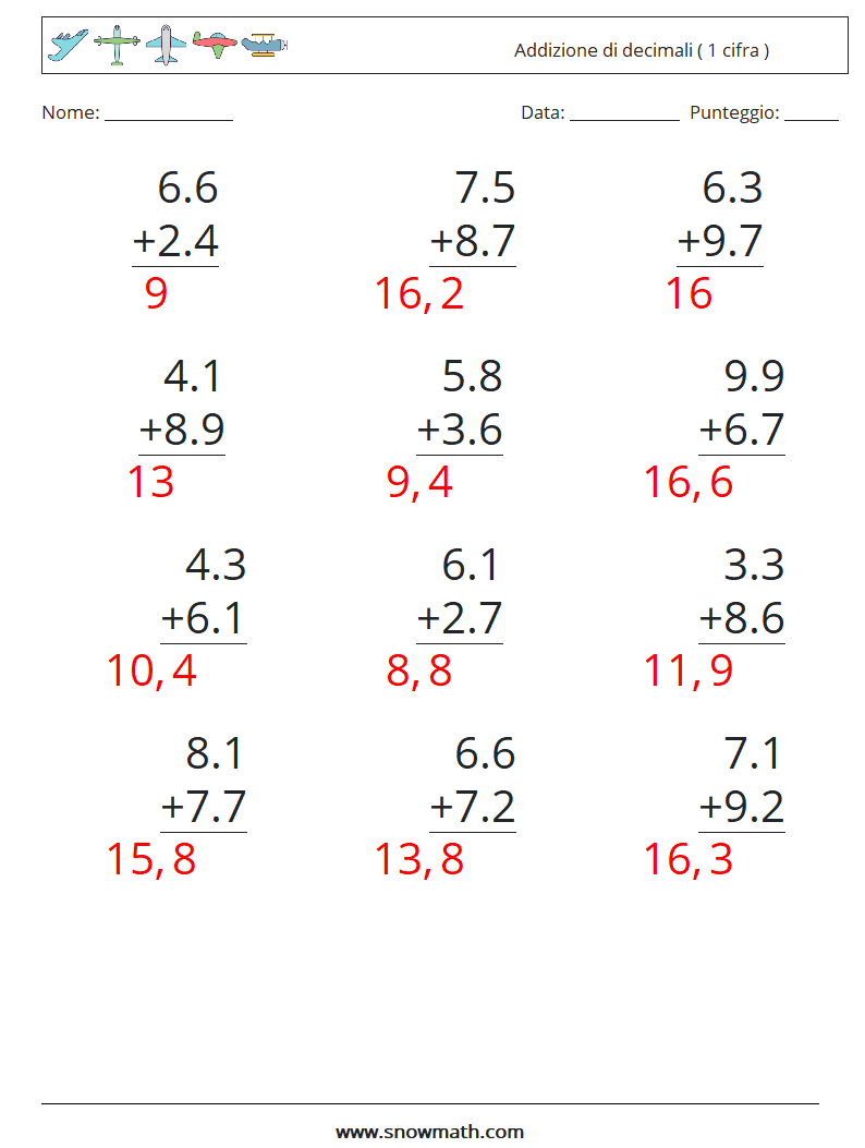 (12) Addizione di decimali ( 1 cifra ) Fogli di lavoro di matematica 1 Domanda, Risposta