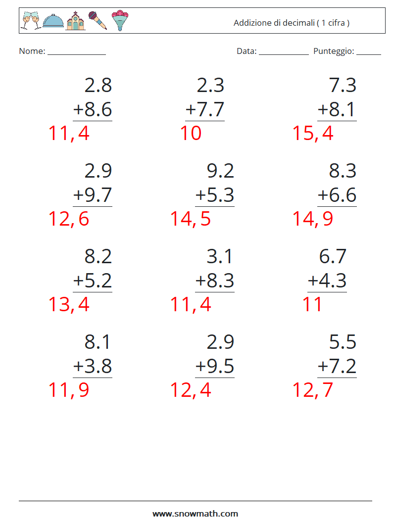 (12) Addizione di decimali ( 1 cifra ) Fogli di lavoro di matematica 3 Domanda, Risposta