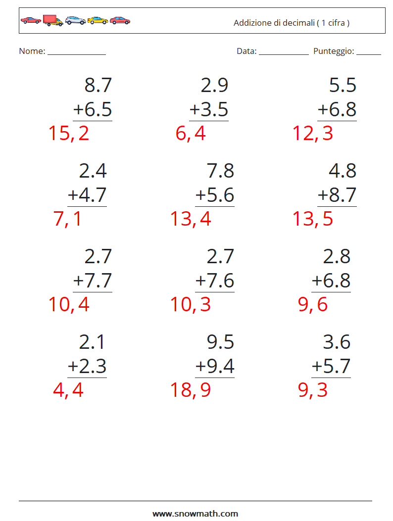 (12) Addizione di decimali ( 1 cifra ) Fogli di lavoro di matematica 4 Domanda, Risposta