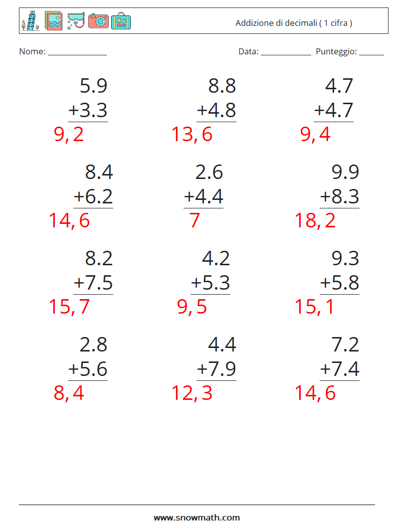 (12) Addizione di decimali ( 1 cifra ) Fogli di lavoro di matematica 5 Domanda, Risposta
