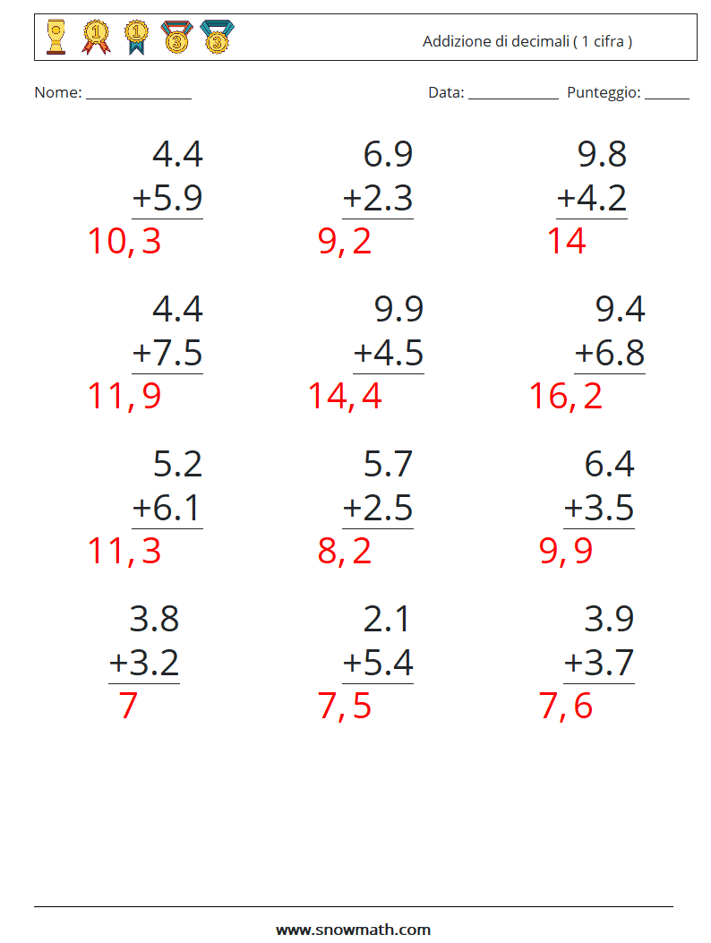 (12) Addizione di decimali ( 1 cifra ) Fogli di lavoro di matematica 7 Domanda, Risposta