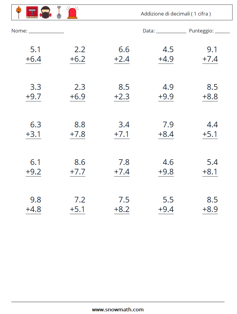 (25) Addizione di decimali ( 1 cifra ) Fogli di lavoro di matematica 10