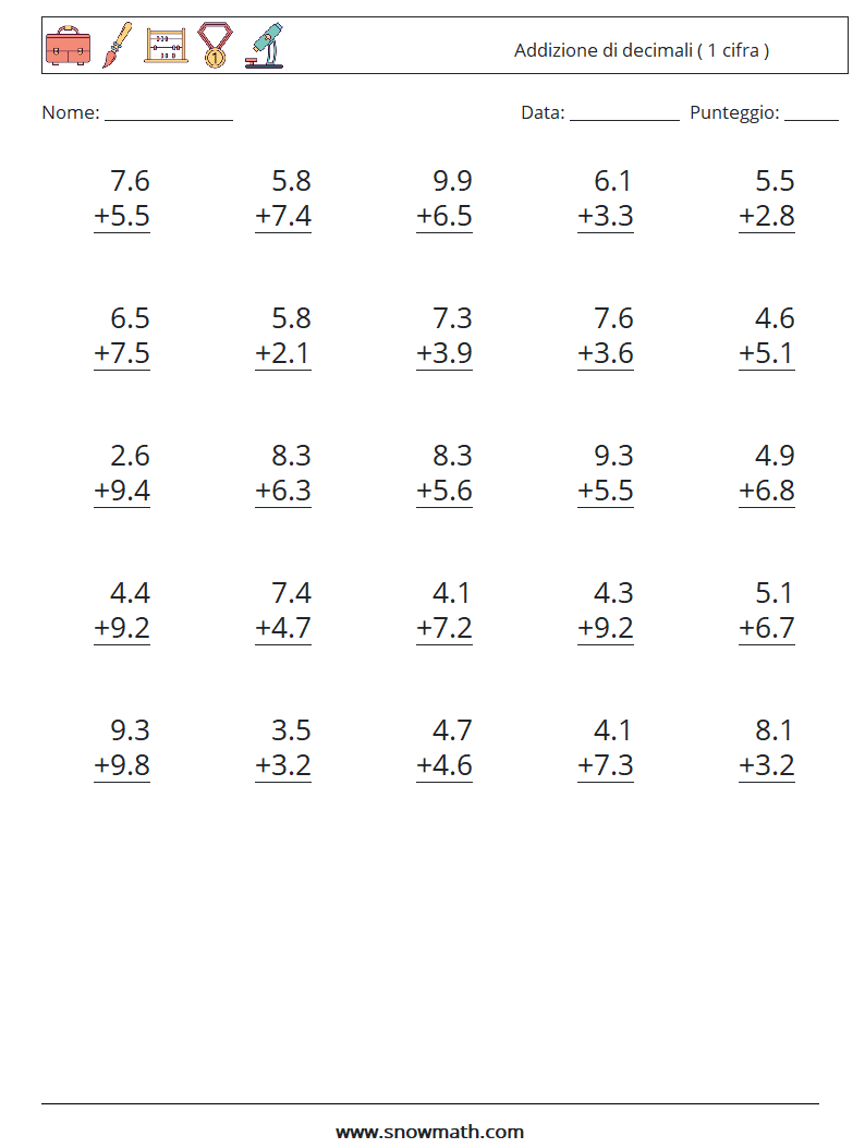 (25) Addizione di decimali ( 1 cifra ) Fogli di lavoro di matematica 11