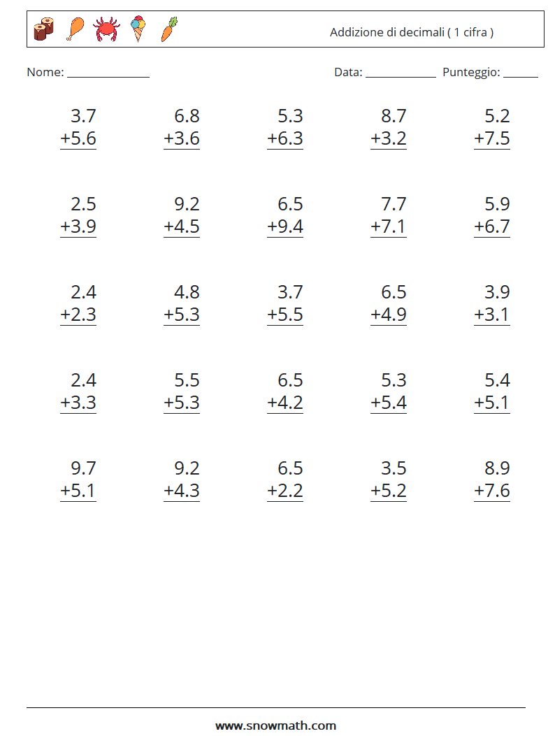 (25) Addizione di decimali ( 1 cifra ) Fogli di lavoro di matematica 12