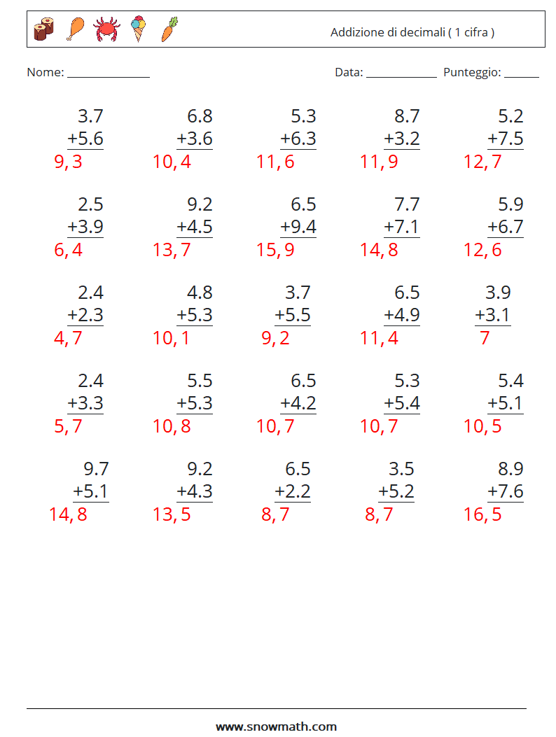 (25) Addizione di decimali ( 1 cifra ) Fogli di lavoro di matematica 12 Domanda, Risposta