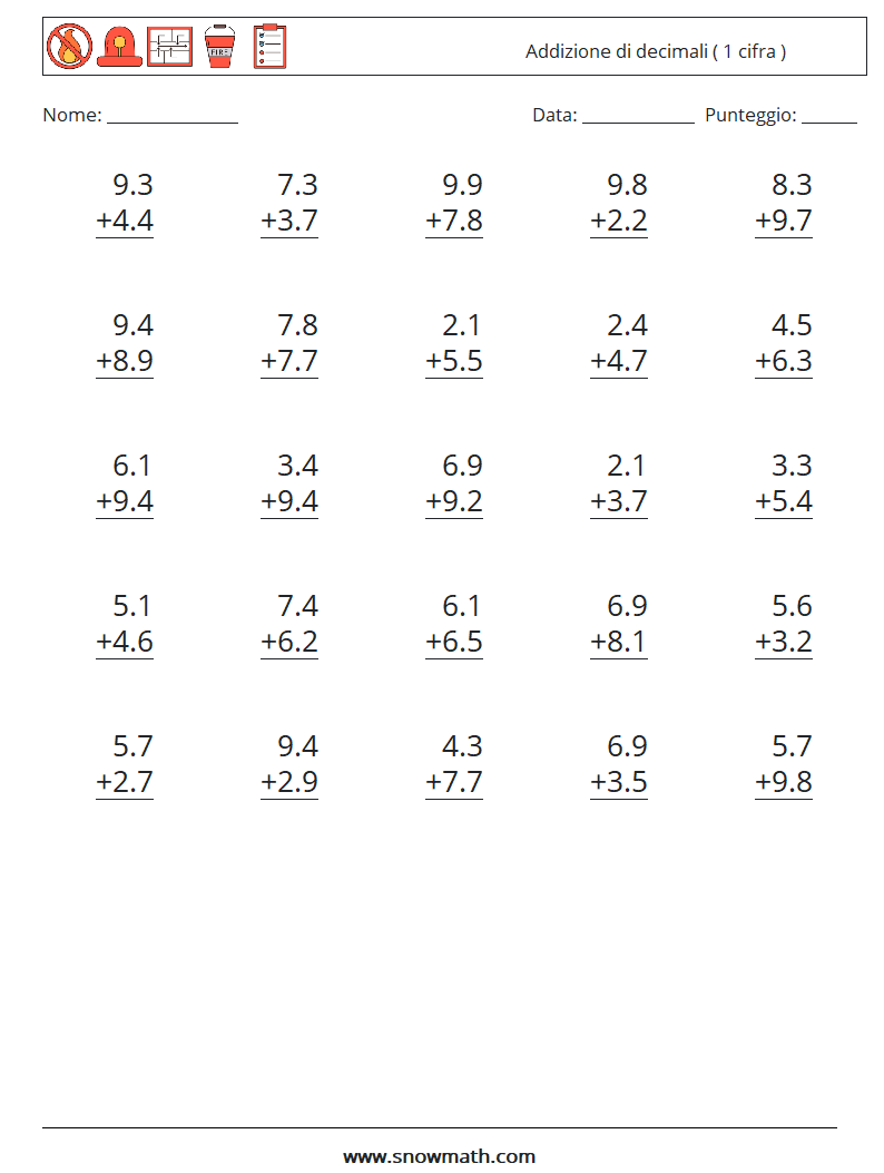 (25) Addizione di decimali ( 1 cifra ) Fogli di lavoro di matematica 13