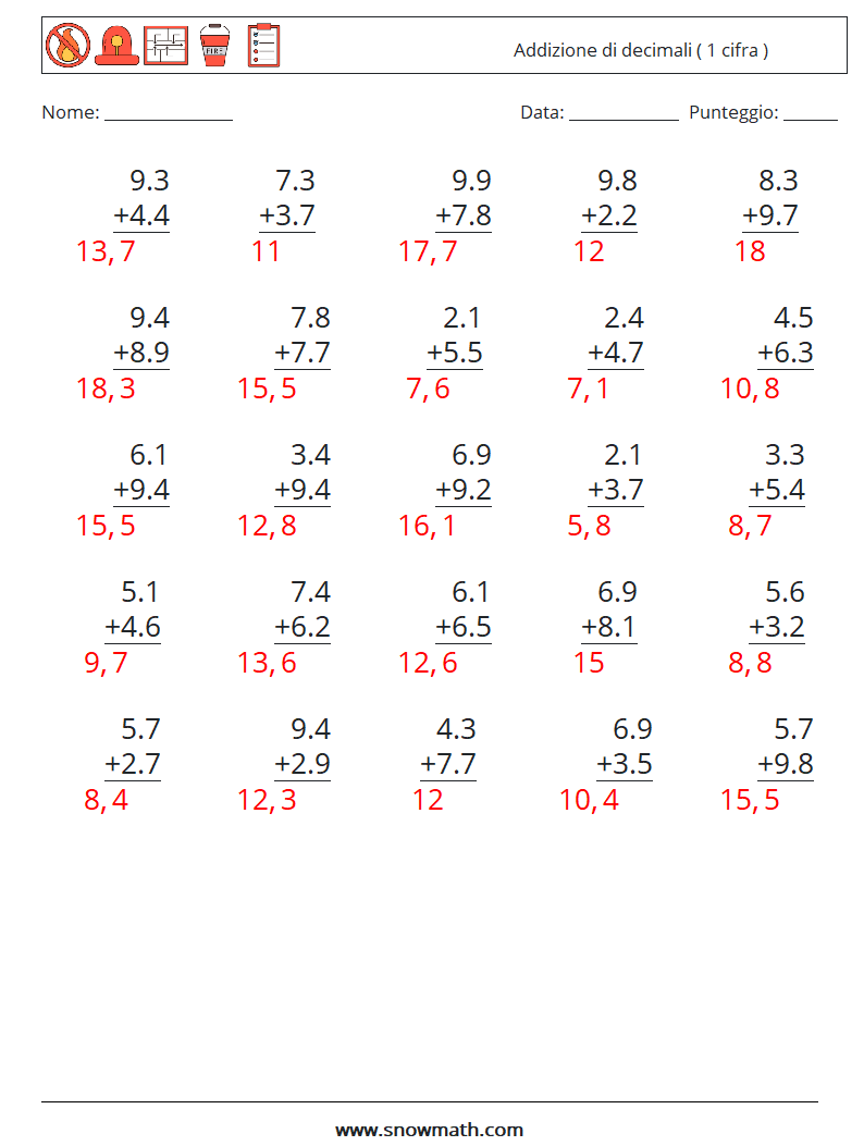 (25) Addizione di decimali ( 1 cifra ) Fogli di lavoro di matematica 13 Domanda, Risposta