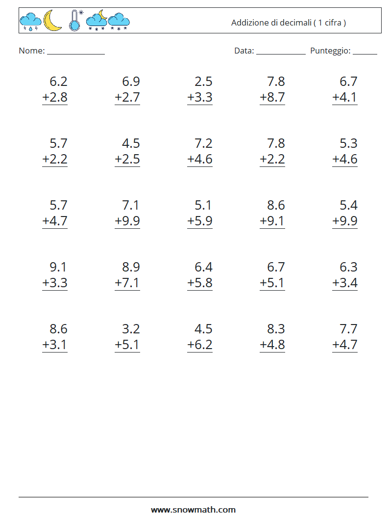 (25) Addizione di decimali ( 1 cifra ) Fogli di lavoro di matematica 14