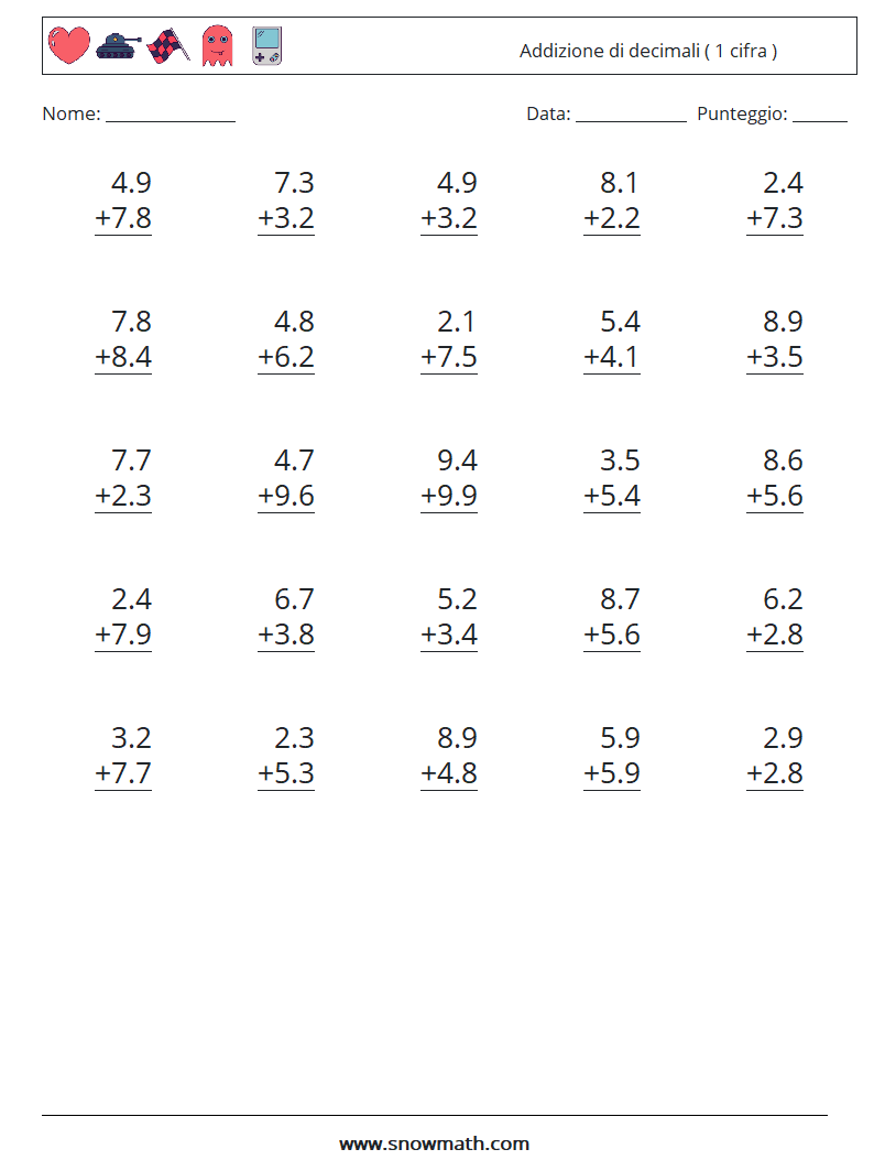 (25) Addizione di decimali ( 1 cifra ) Fogli di lavoro di matematica 15