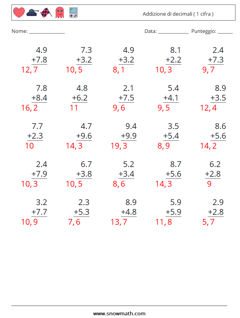 (25) Addizione di decimali ( 1 cifra ) Fogli di lavoro di matematica 15 Domanda, Risposta