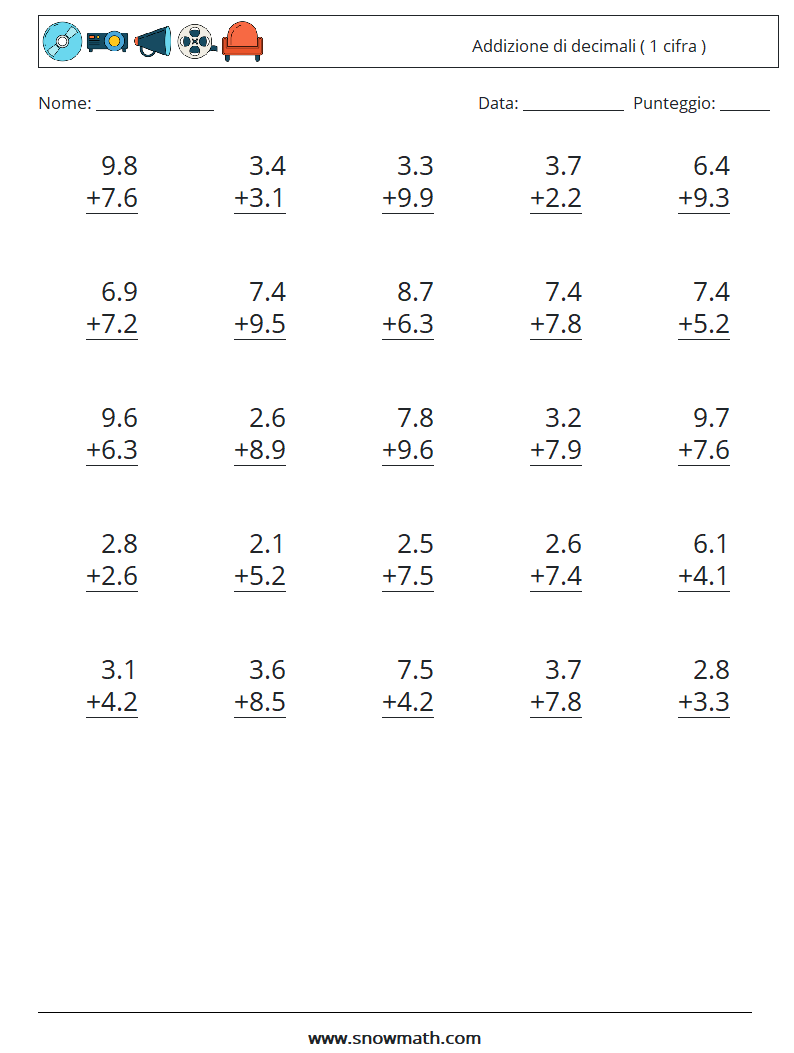 (25) Addizione di decimali ( 1 cifra ) Fogli di lavoro di matematica 16