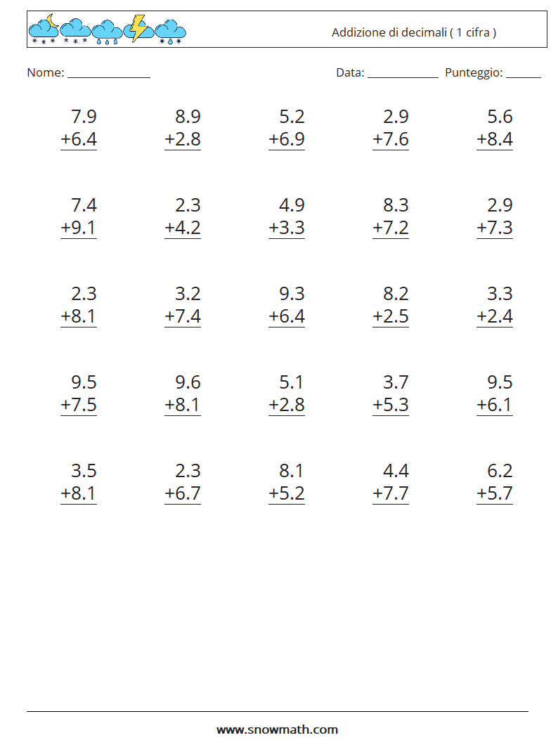 (25) Addizione di decimali ( 1 cifra ) Fogli di lavoro di matematica 17