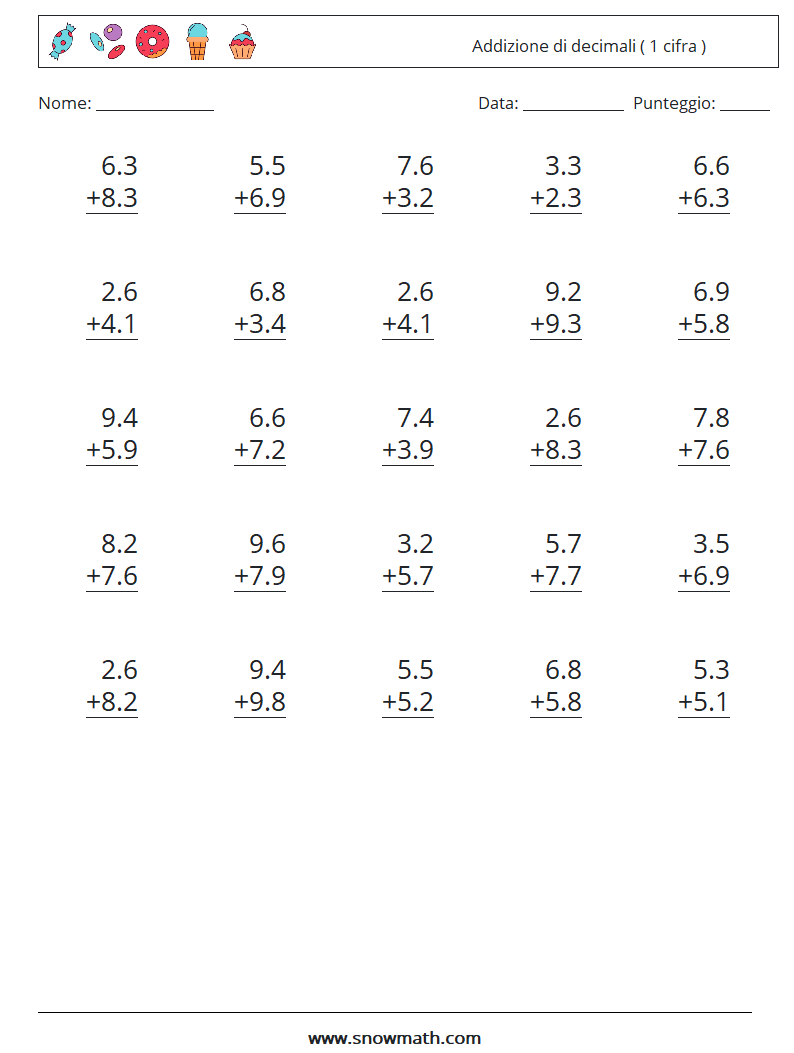 (25) Addizione di decimali ( 1 cifra ) Fogli di lavoro di matematica 18