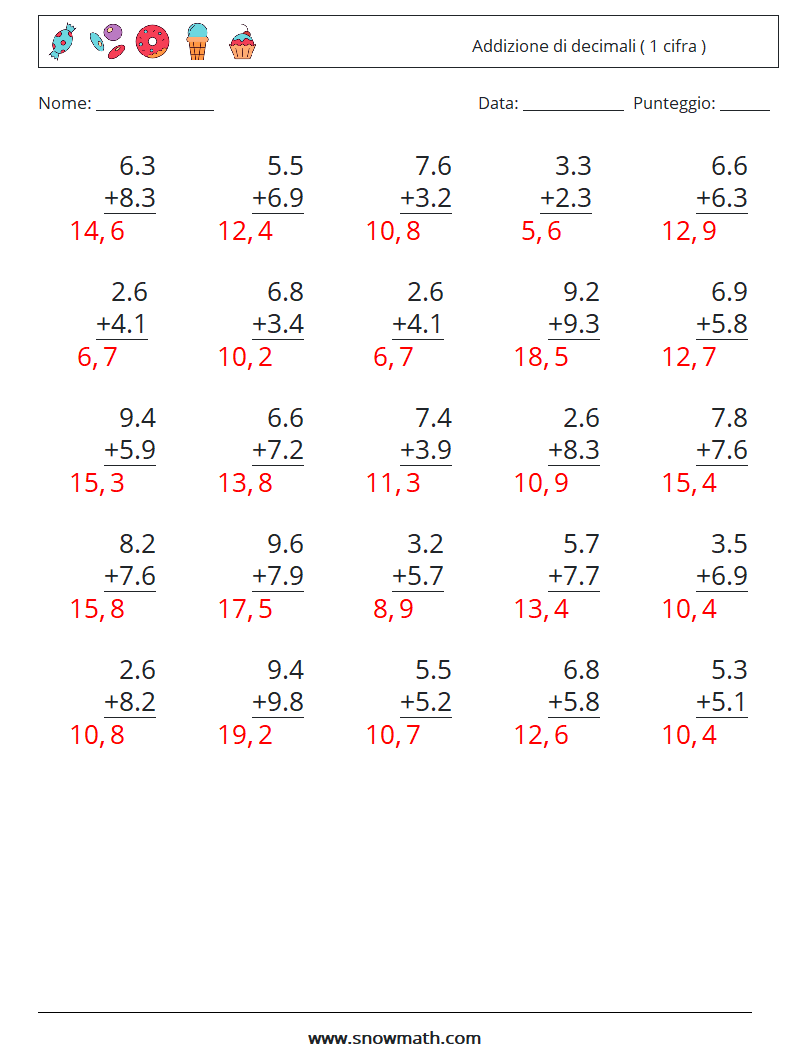 (25) Addizione di decimali ( 1 cifra ) Fogli di lavoro di matematica 18 Domanda, Risposta