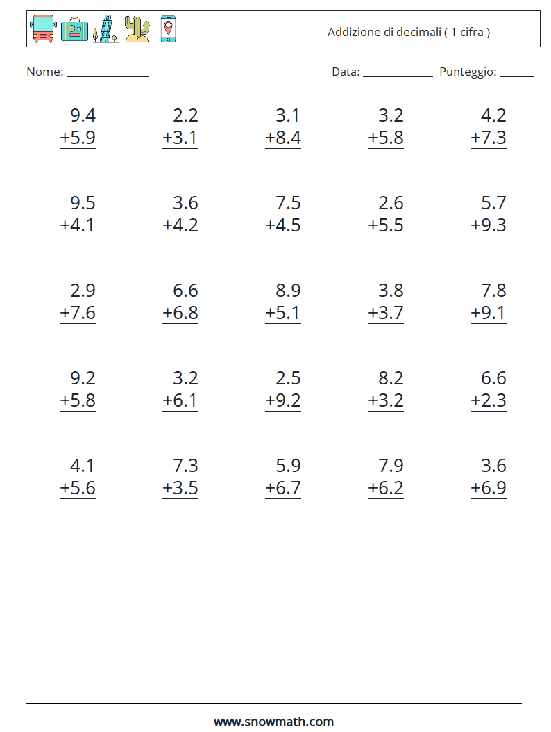 (25) Addizione di decimali ( 1 cifra ) Fogli di lavoro di matematica 2