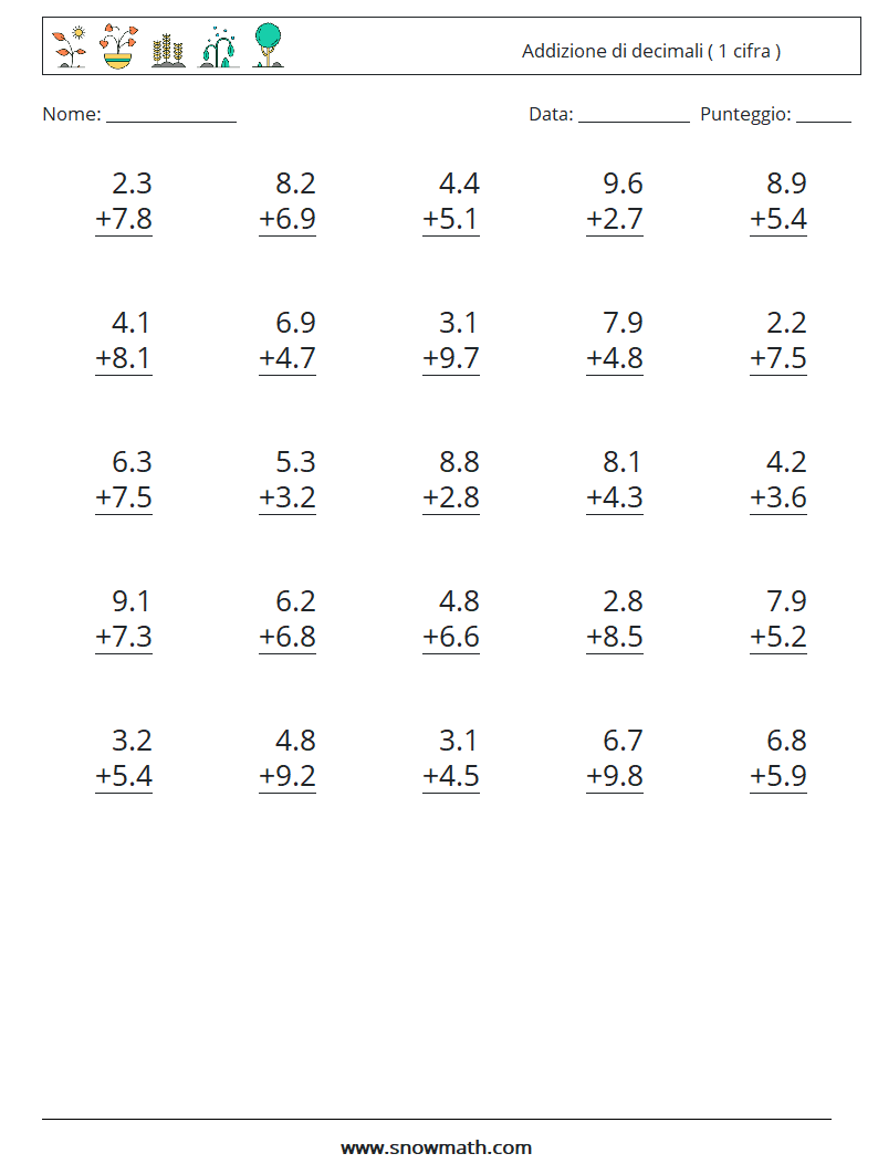 (25) Addizione di decimali ( 1 cifra ) Fogli di lavoro di matematica 3