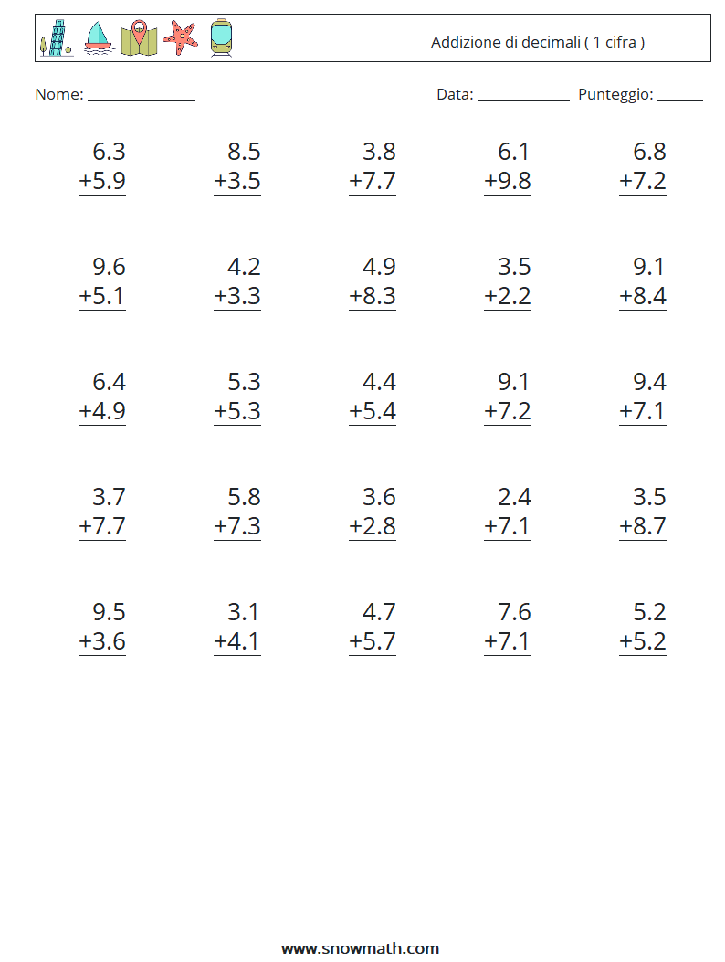 (25) Addizione di decimali ( 1 cifra ) Fogli di lavoro di matematica 5