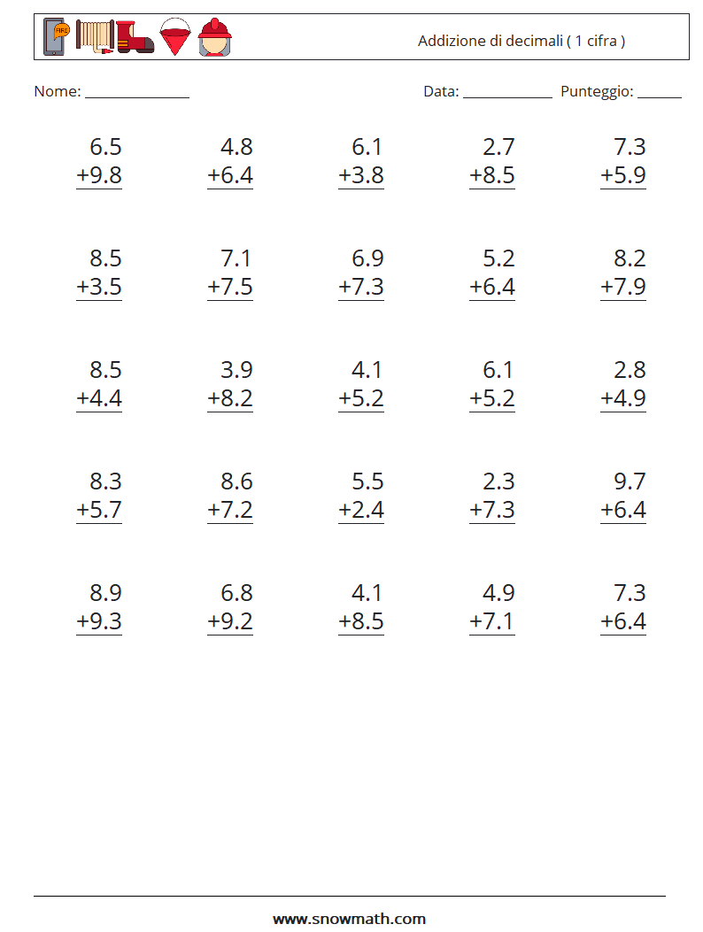 (25) Addizione di decimali ( 1 cifra ) Fogli di lavoro di matematica 6