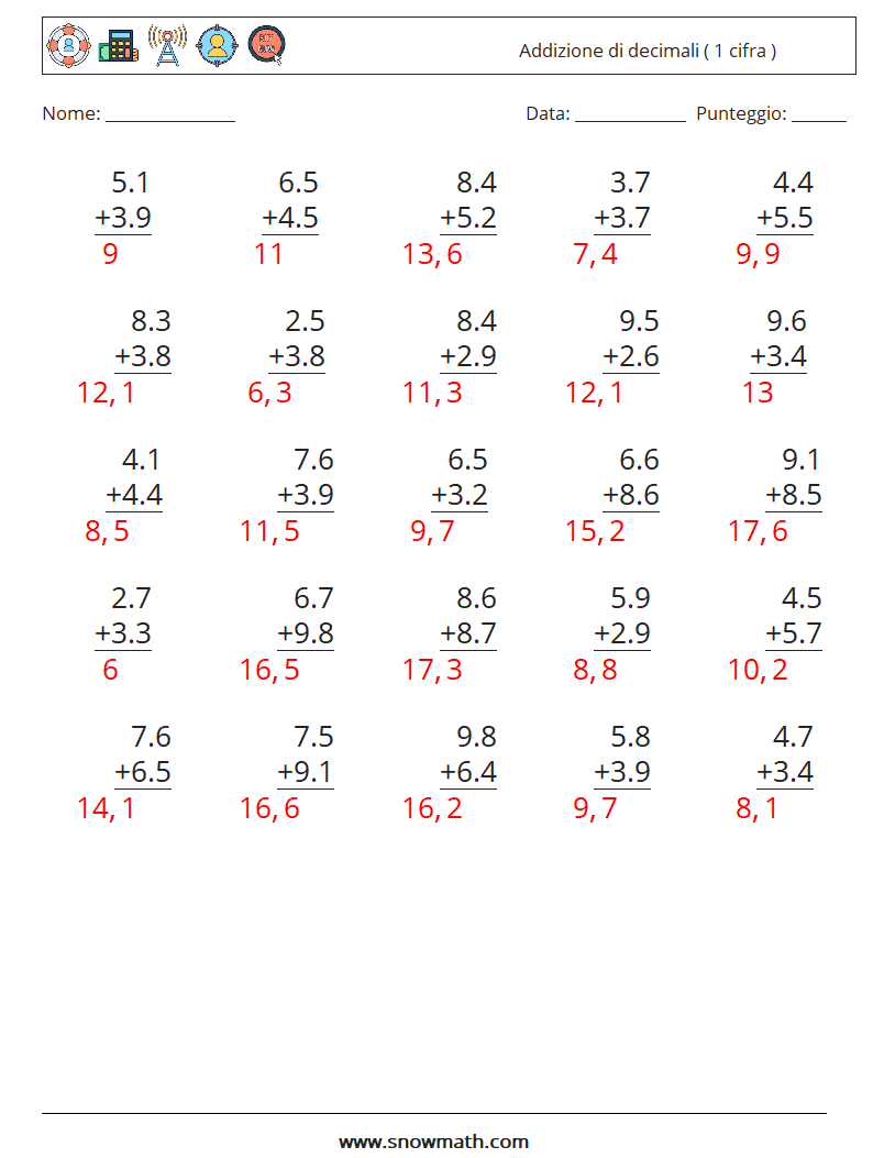 (25) Addizione di decimali ( 1 cifra ) Fogli di lavoro di matematica 7 Domanda, Risposta