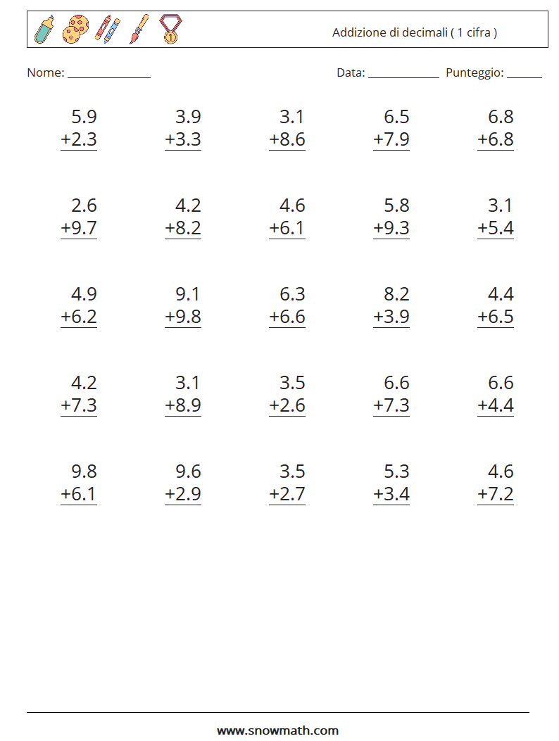 (25) Addizione di decimali ( 1 cifra ) Fogli di lavoro di matematica 8