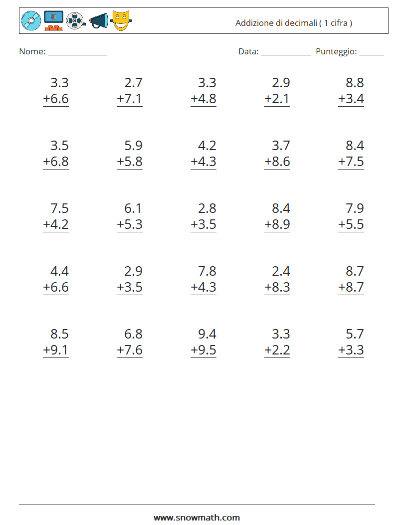 (25) Addizione di decimali ( 1 cifra ) Fogli di lavoro di matematica 9