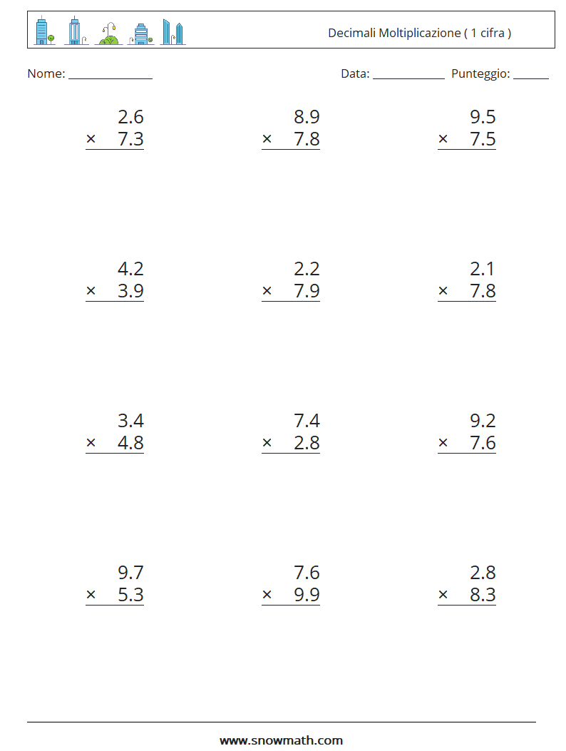 (12) Decimali Moltiplicazione ( 1 cifra ) Fogli di lavoro di matematica 10