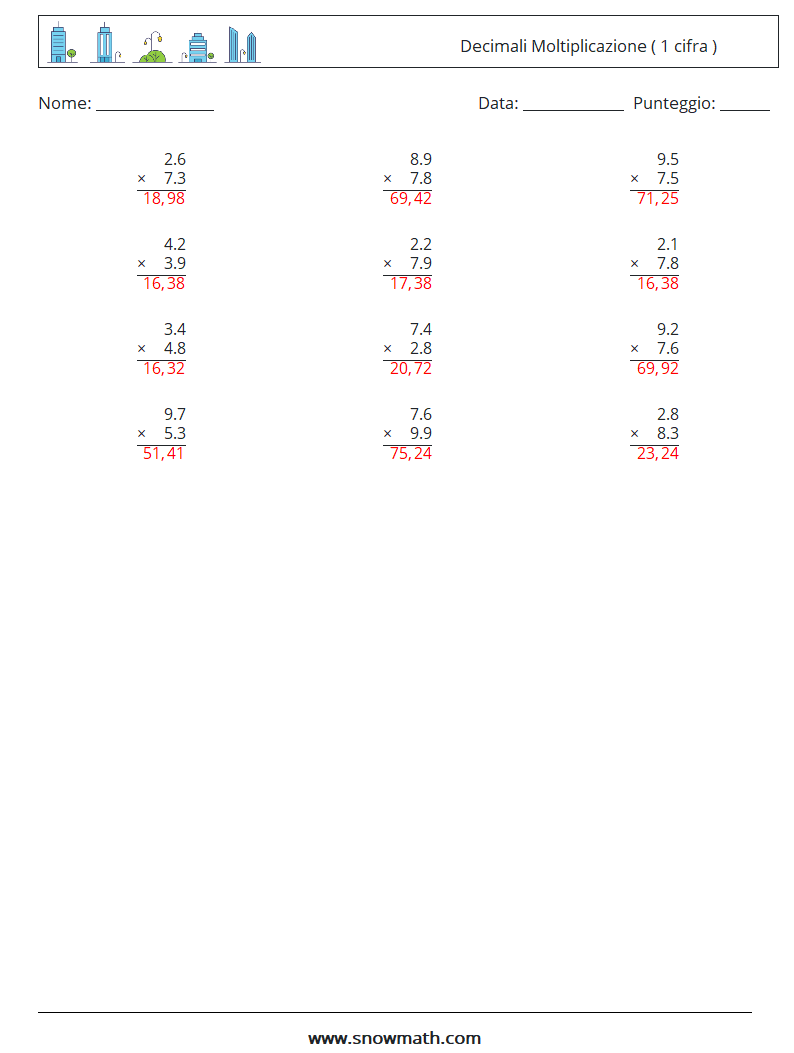 (12) Decimali Moltiplicazione ( 1 cifra ) Fogli di lavoro di matematica 10 Domanda, Risposta