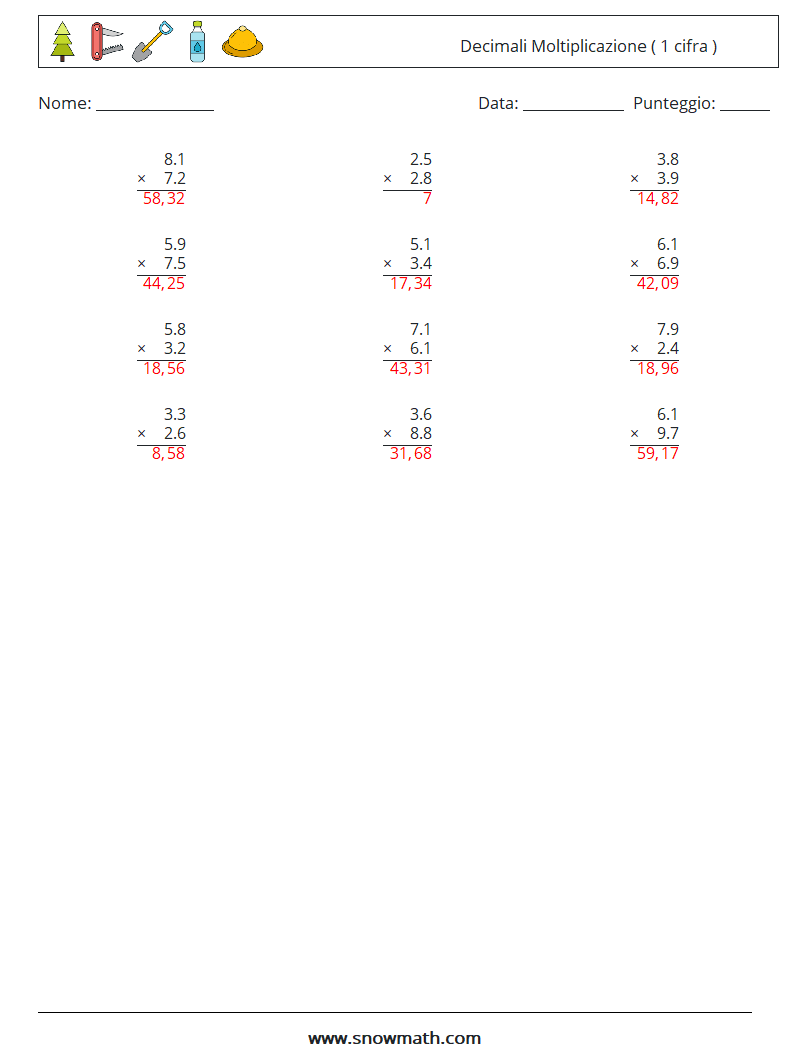 (12) Decimali Moltiplicazione ( 1 cifra ) Fogli di lavoro di matematica 11 Domanda, Risposta