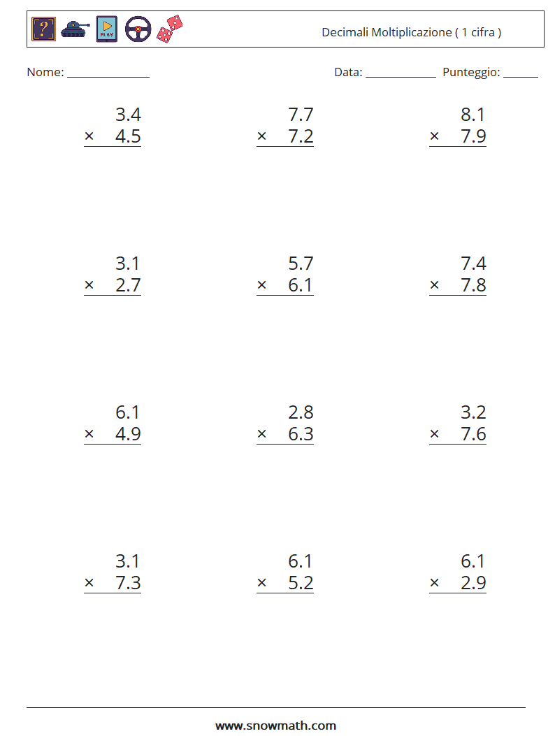 (12) Decimali Moltiplicazione ( 1 cifra ) Fogli di lavoro di matematica 12