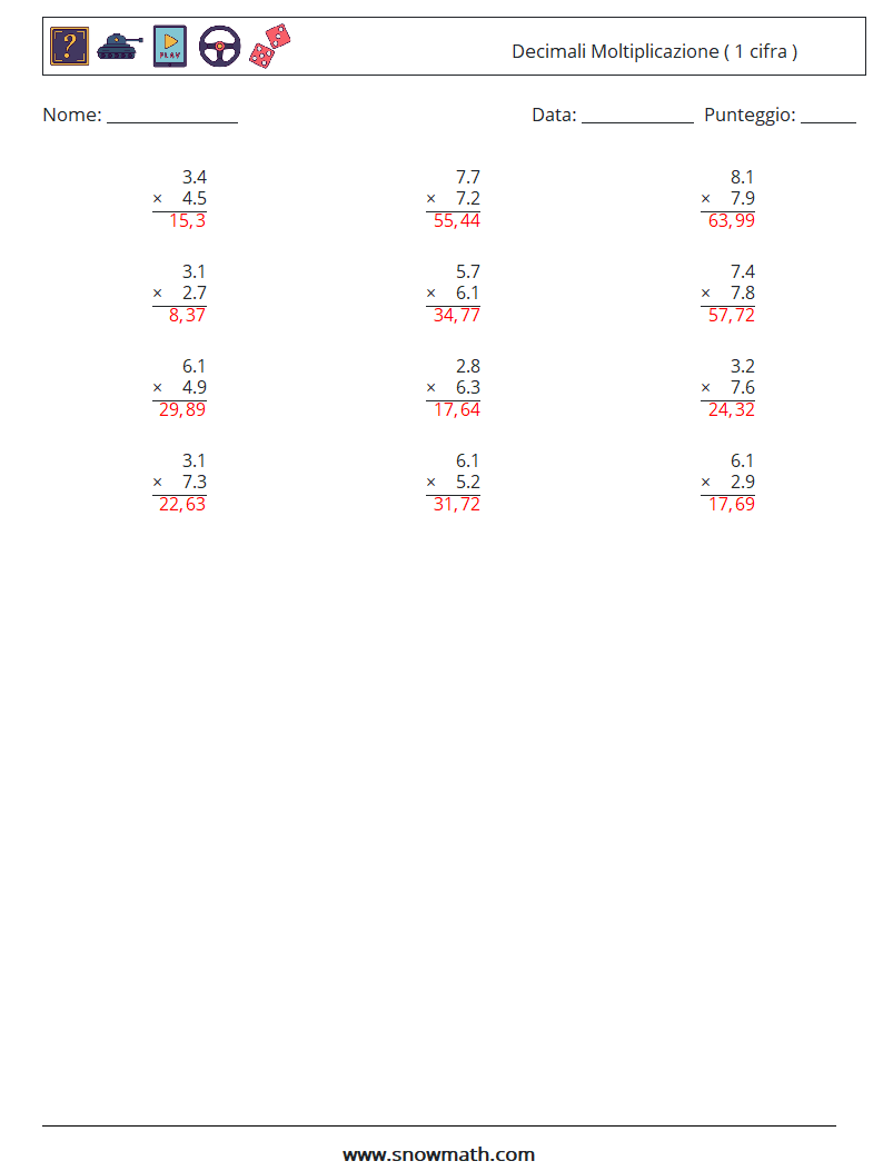(12) Decimali Moltiplicazione ( 1 cifra ) Fogli di lavoro di matematica 12 Domanda, Risposta