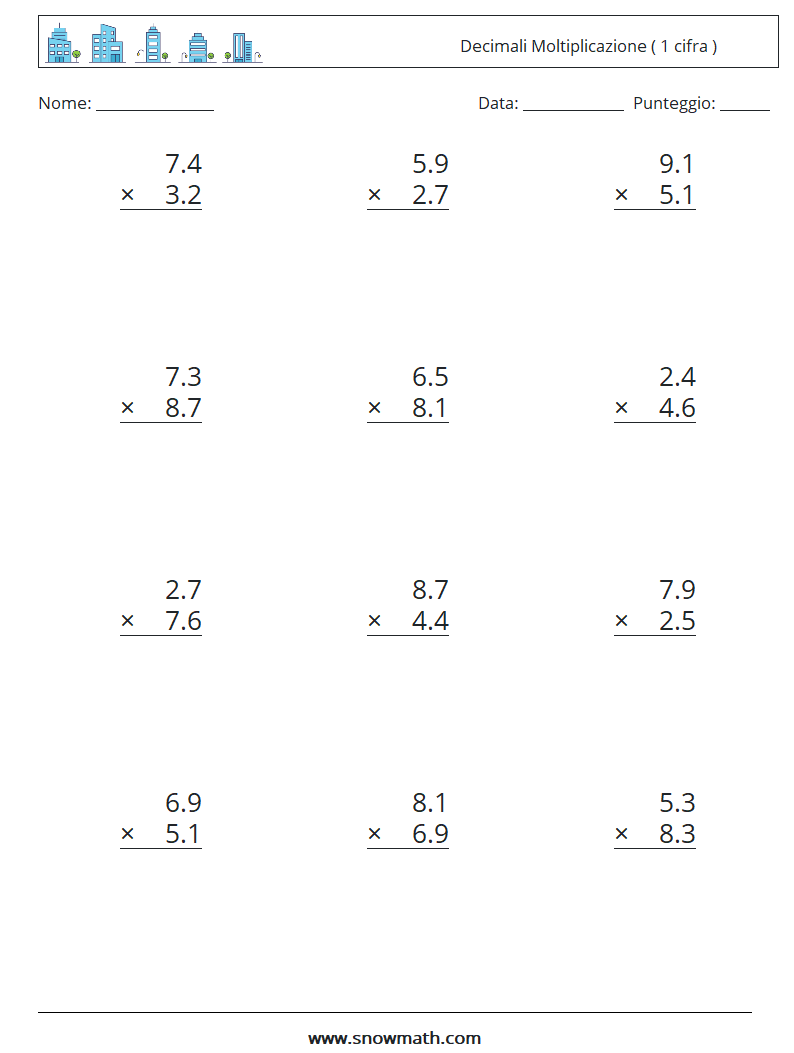 (12) Decimali Moltiplicazione ( 1 cifra ) Fogli di lavoro di matematica 13