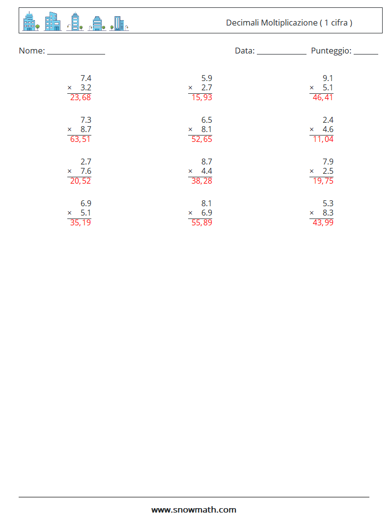 (12) Decimali Moltiplicazione ( 1 cifra ) Fogli di lavoro di matematica 13 Domanda, Risposta